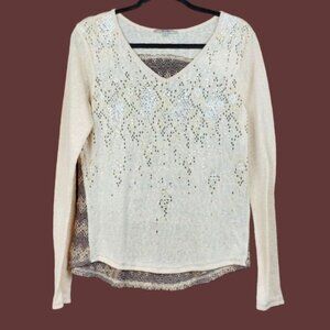 Miss Me Womens Long Sleeve Beige Taupe V-Neck Rhinestone Embellished Top Size M